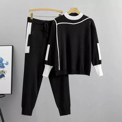 Women's knit color-block tracksuit with mock-neck and tapered-leg trousers – Black