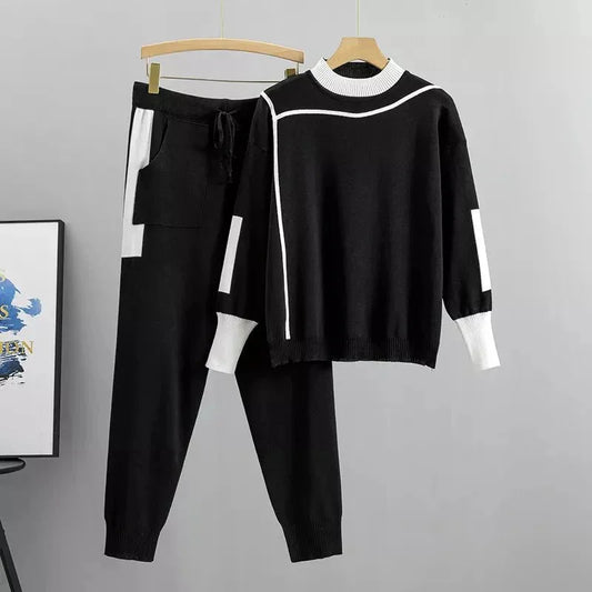 Women's knit color-block tracksuit with mock-neck and tapered-leg trousers – Black