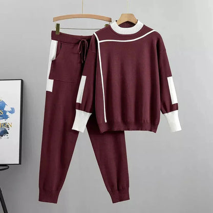 Women's knit color-block tracksuit with mock-neck and tapered-leg trousers – Burgundy