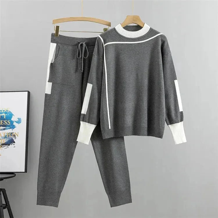 Women's knit color-block tracksuit with mock-neck and tapered-leg trousers – Grey