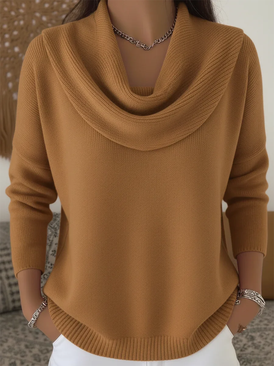 Women's knit cowl-neck sweater with long sleeves and drop shoulders – Brown