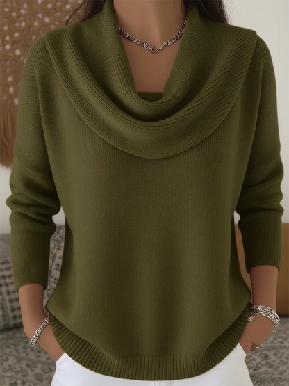 Women's knit cowl-neck sweater with long sleeves and drop shoulders – Green