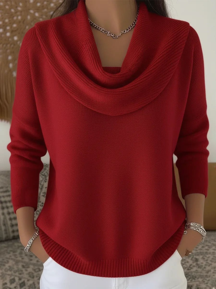 Women's knit cowl-neck sweater with long sleeves and drop shoulders – Red