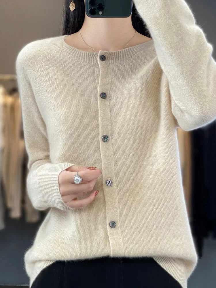 Women's knit crew-neck cardigan sweater with button-front closure and long sleeves – Beige