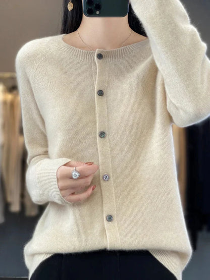 Women's knit crew-neck cardigan sweater with button-front closure and long sleeves – Beige