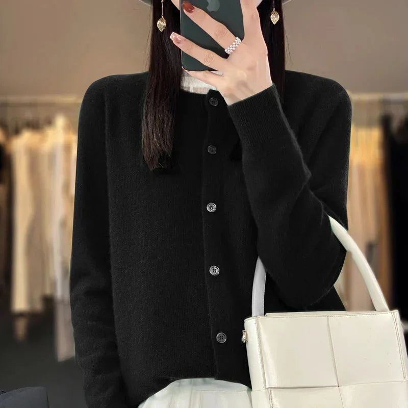Women's knit crew-neck cardigan sweater with button-front closure and long sleeves – Black