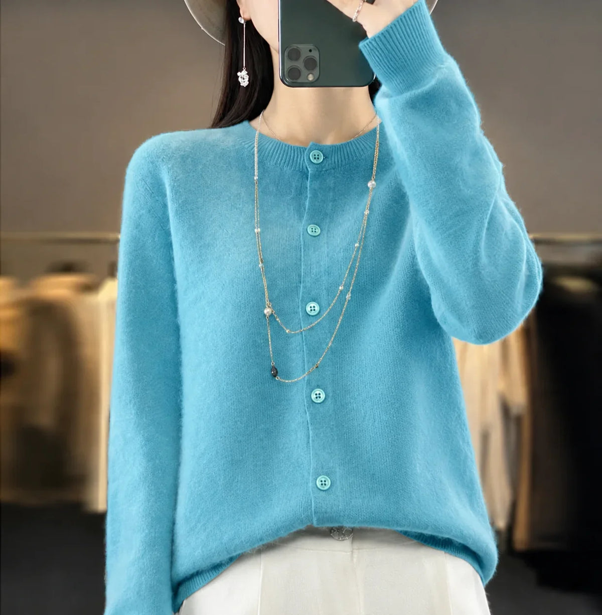 Women's knit crew-neck cardigan sweater with button-front closure and long sleeves – Blue