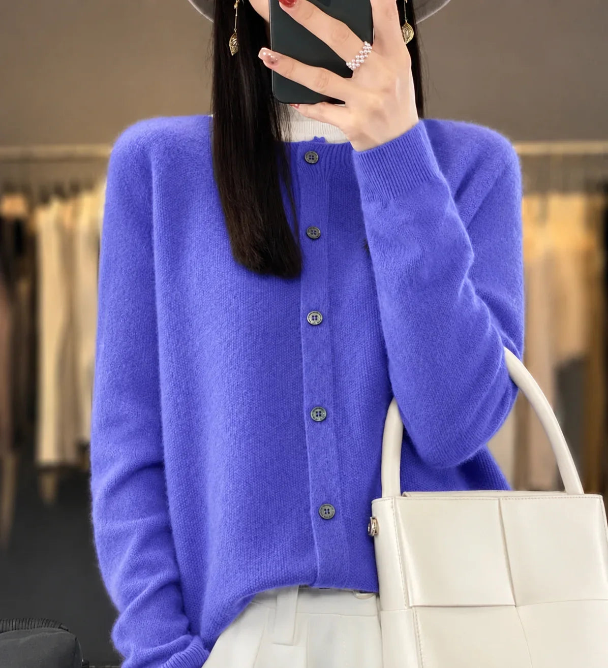 Women's knit crew-neck cardigan sweater with button-front closure and long sleeves – Dark Purple