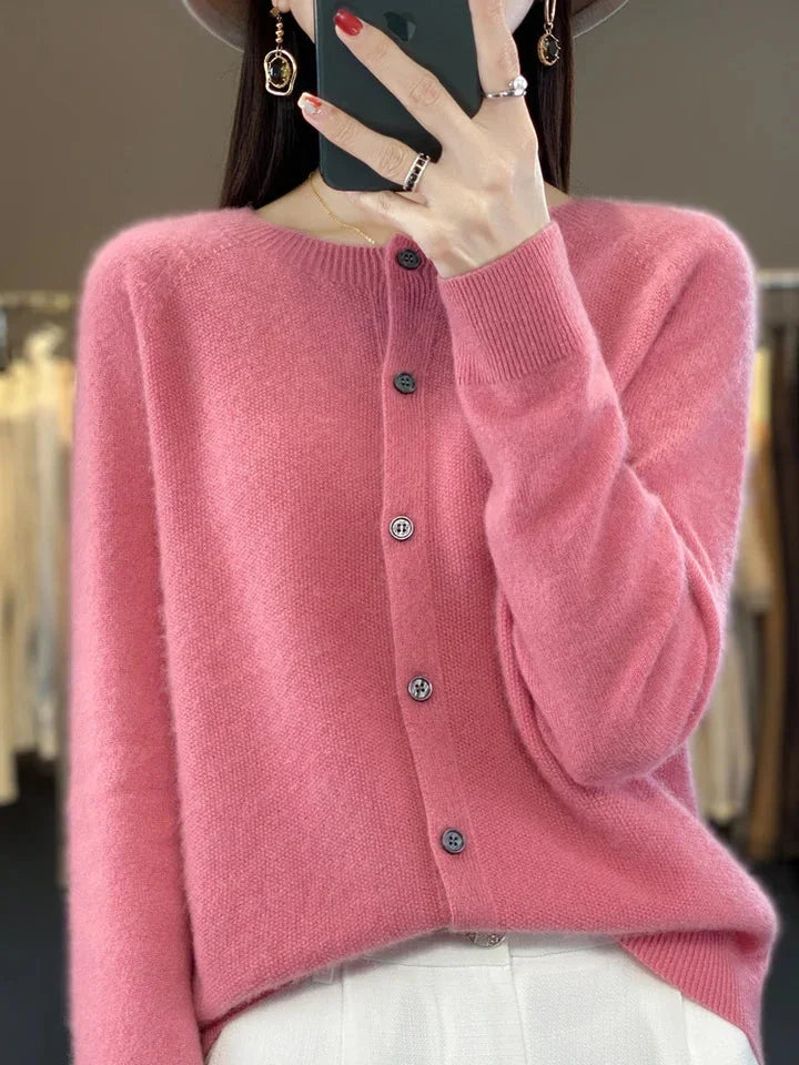 Women's knit crew-neck cardigan sweater with button-front closure and long sleeves – Pink