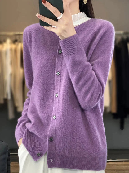 Women's knit crew-neck cardigan sweater with button-front closure and long sleeves – Purple