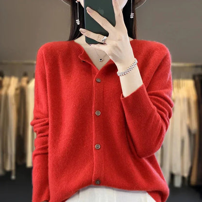 Women's knit crew-neck cardigan sweater with button-front closure and long sleeves – Red