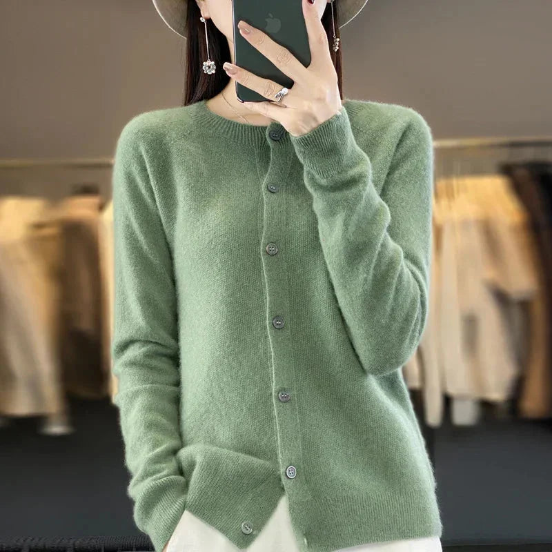 Women's knit crew-neck cardigan sweater with button-front closure and long sleeves – Soft Green