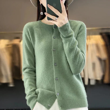 Women's knit crew-neck cardigan sweater with button-front closure and long sleeves – Soft Green