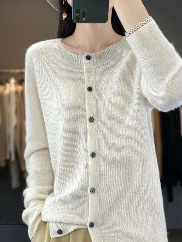 Women's knit crew-neck cardigan sweater with button-front closure and long sleeves – White