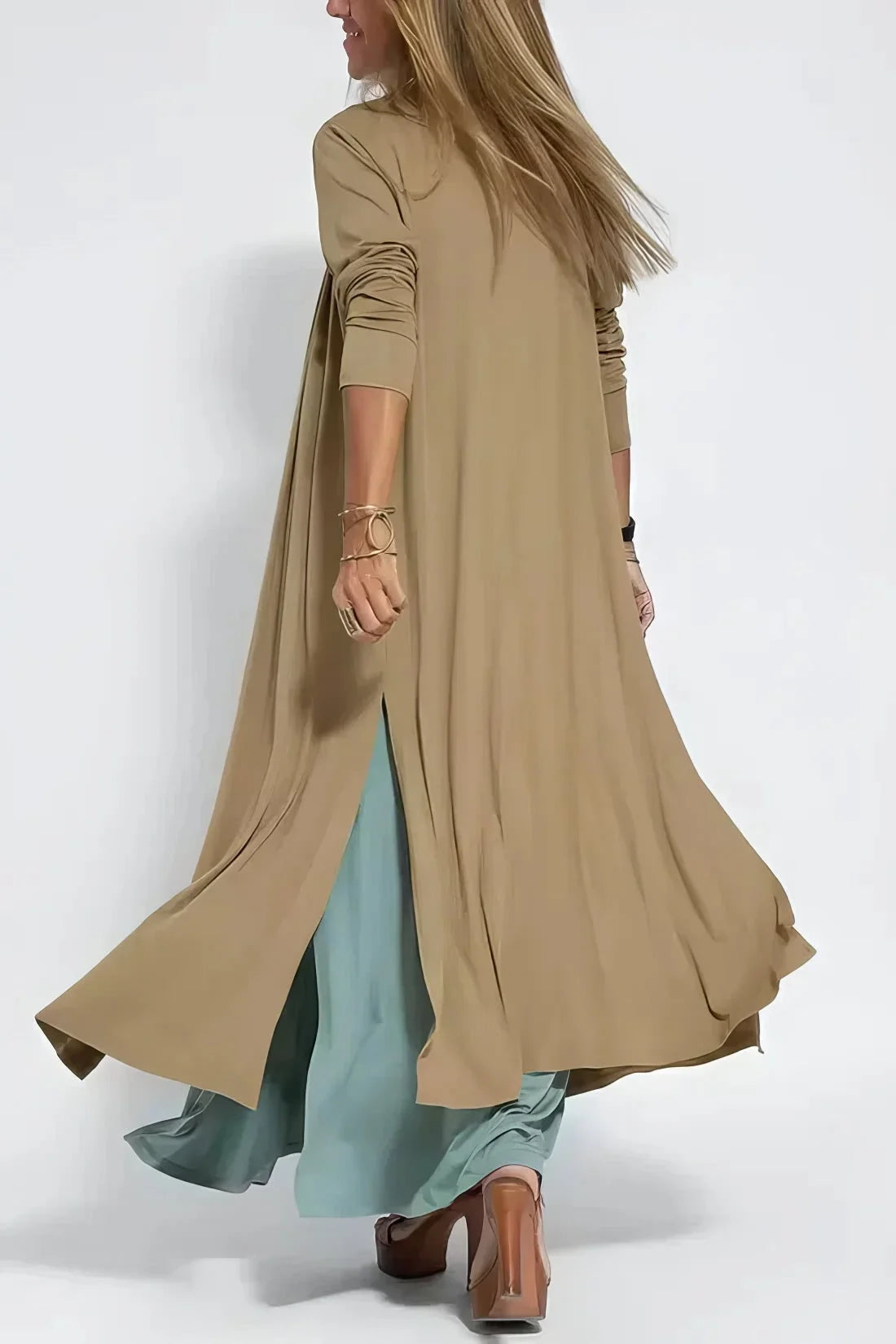 Women's knit flowy maxi dress with sleeveless V-neck and draped front