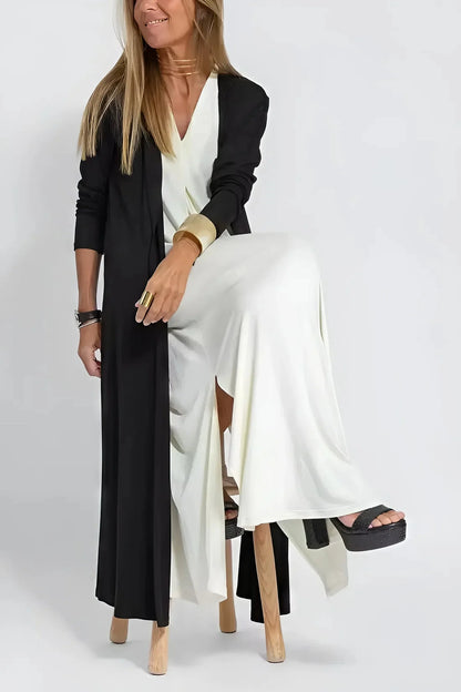 Women's knit flowy maxi dress with sleeveless V-neck and draped front