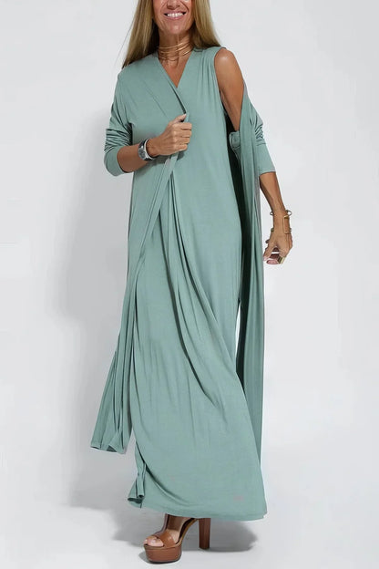Women's knit flowy maxi dress with sleeveless V-neck and draped front