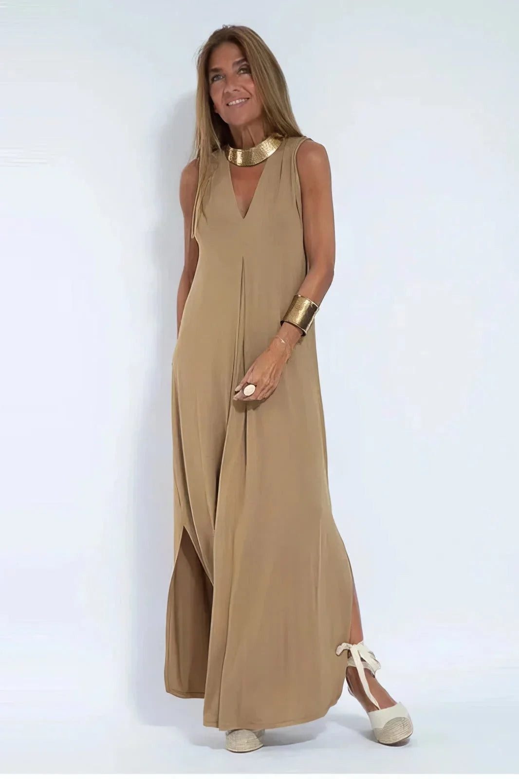 Women's knit flowy maxi dress with sleeveless V-neck and draped front – Coffee