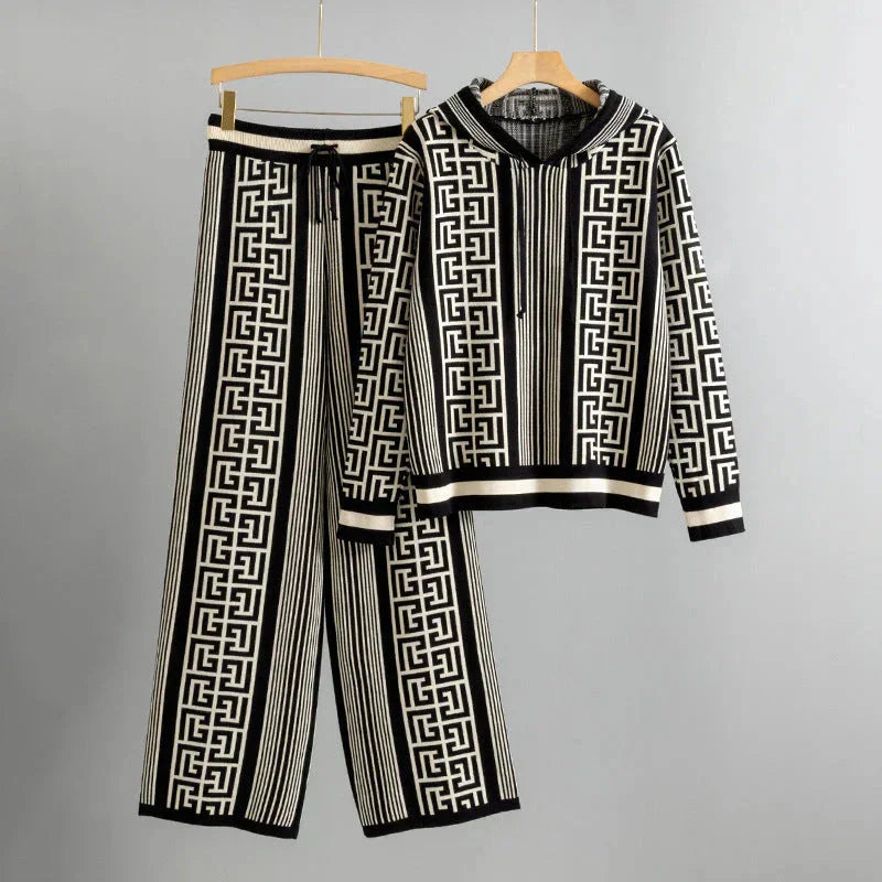 Women's knit geometric striped hoodie and wide-leg pants set with drawstring – Black