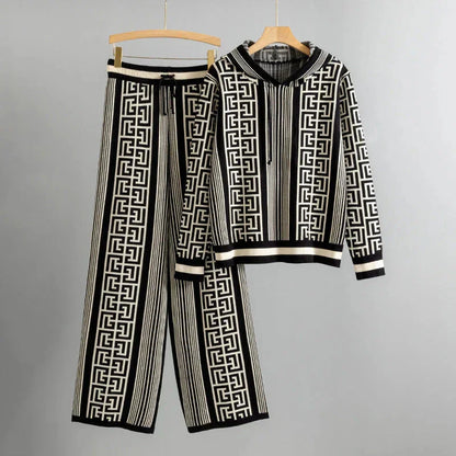 Women's knit geometric striped hoodie and wide-leg pants set with drawstring – Black