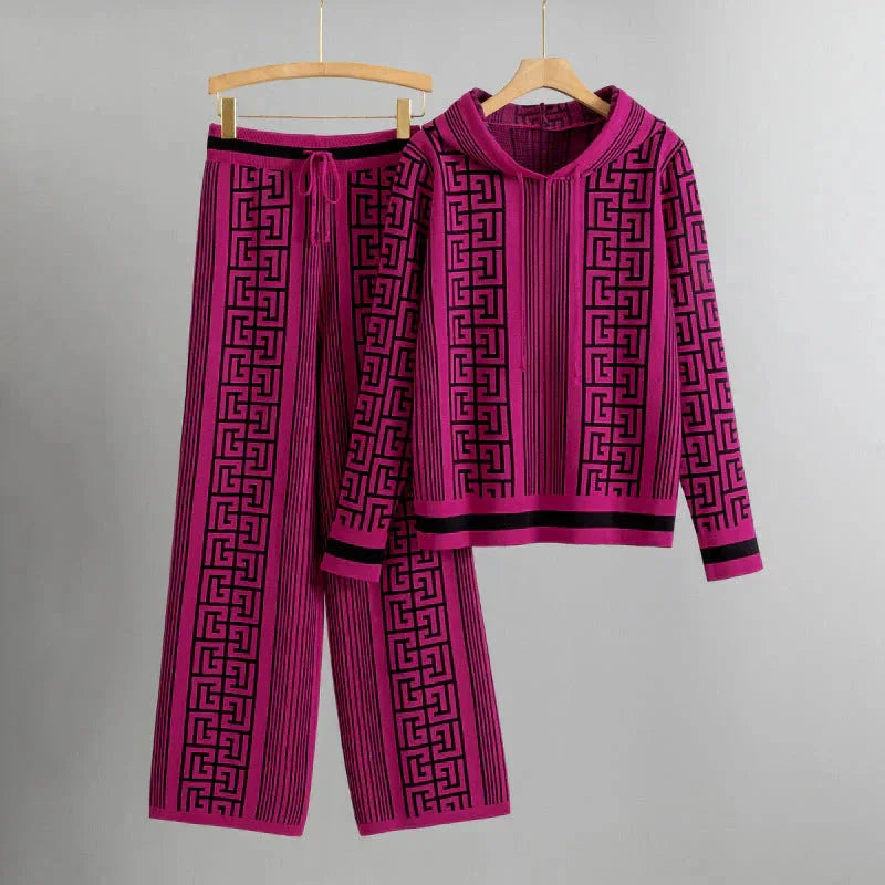 Women's knit geometric striped hoodie and wide-leg pants set with drawstring – Fuchsia