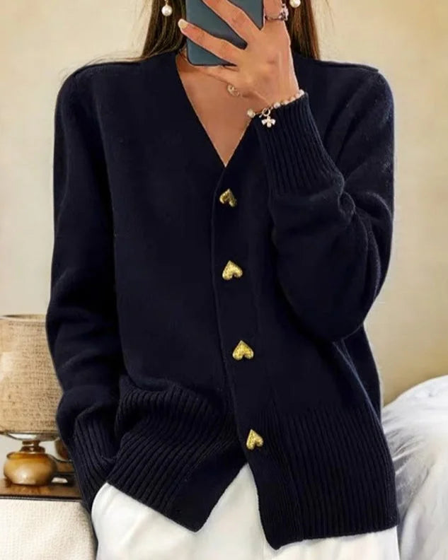 Women's knit heart-button cardigan sweater with V-neck and ribbed cuffs – Black