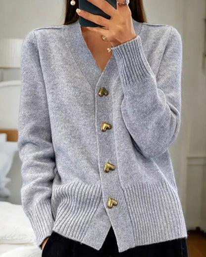 Women's knit heart-button cardigan sweater with V-neck and ribbed cuffs – Grey