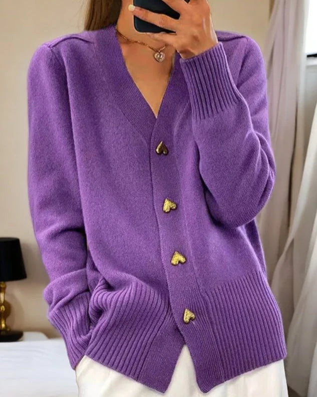 Women's knit heart-button cardigan sweater with V-neck and ribbed cuffs – Purple