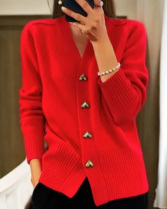 Women's knit heart-button cardigan sweater with V-neck and ribbed cuffs – Red