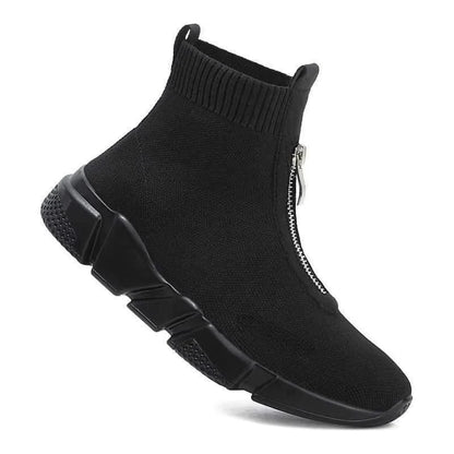 Women's knit high-top chunky-sole sock boots with front zipper