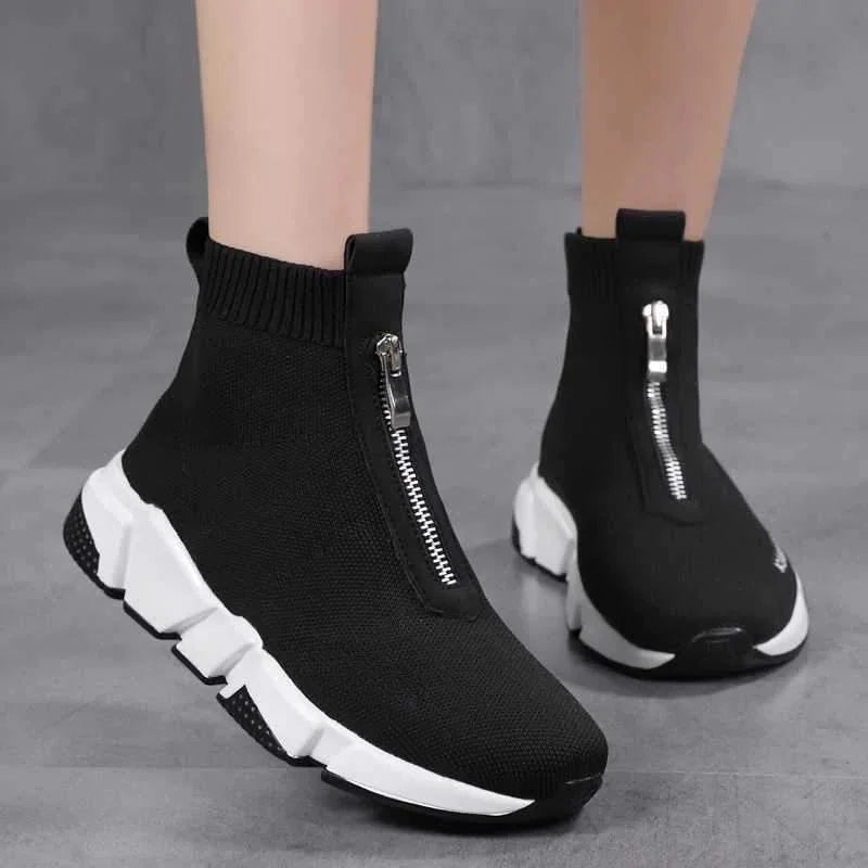Women's knit high-top chunky-sole sock boots with front zipper