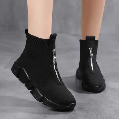Women's knit high-top chunky-sole sock boots with front zipper