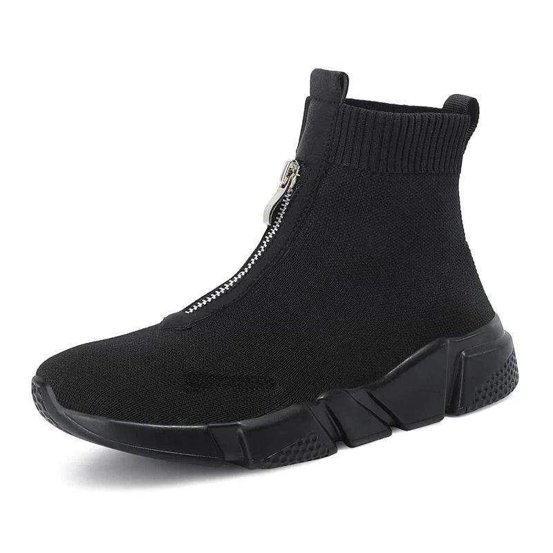 Women's knit high-top chunky-sole sock boots with front zipper – Black