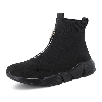 Women's knit high-top chunky-sole sock boots with front zipper – Black