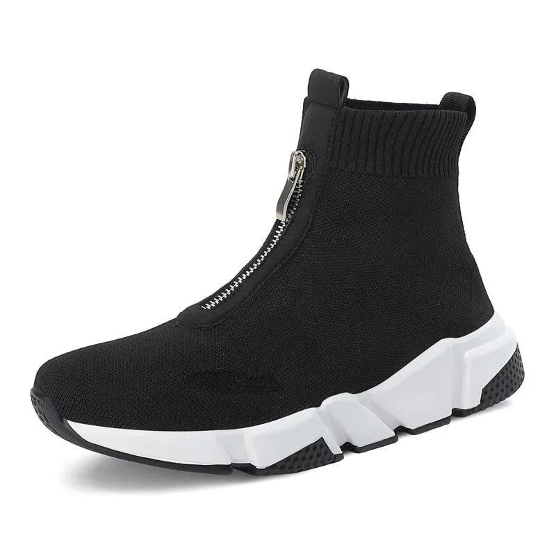 Women's knit high-top chunky-sole sock boots with front zipper – Black and White