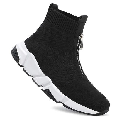 Women's knit high-top chunky-sole sock boots with front zipper