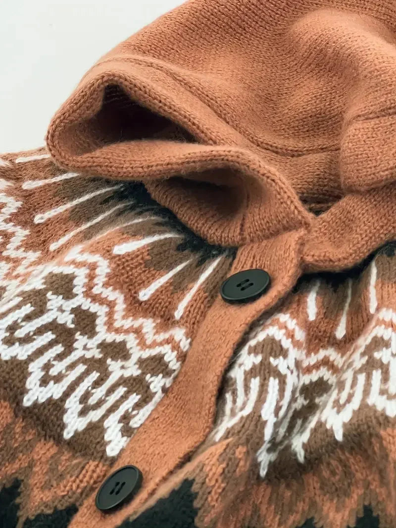 Women's knit hooded mid-length Fair Isle pattern cardigan sweater with button front