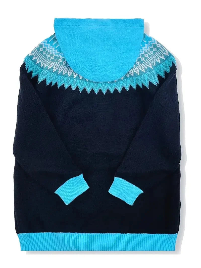 Women's knit hooded mid-length Fair Isle pattern cardigan sweater with button front