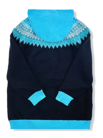 Women's knit hooded mid-length Fair Isle pattern cardigan sweater with button front