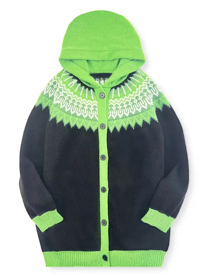 Women's knit hooded mid-length Fair Isle pattern cardigan sweater with button front