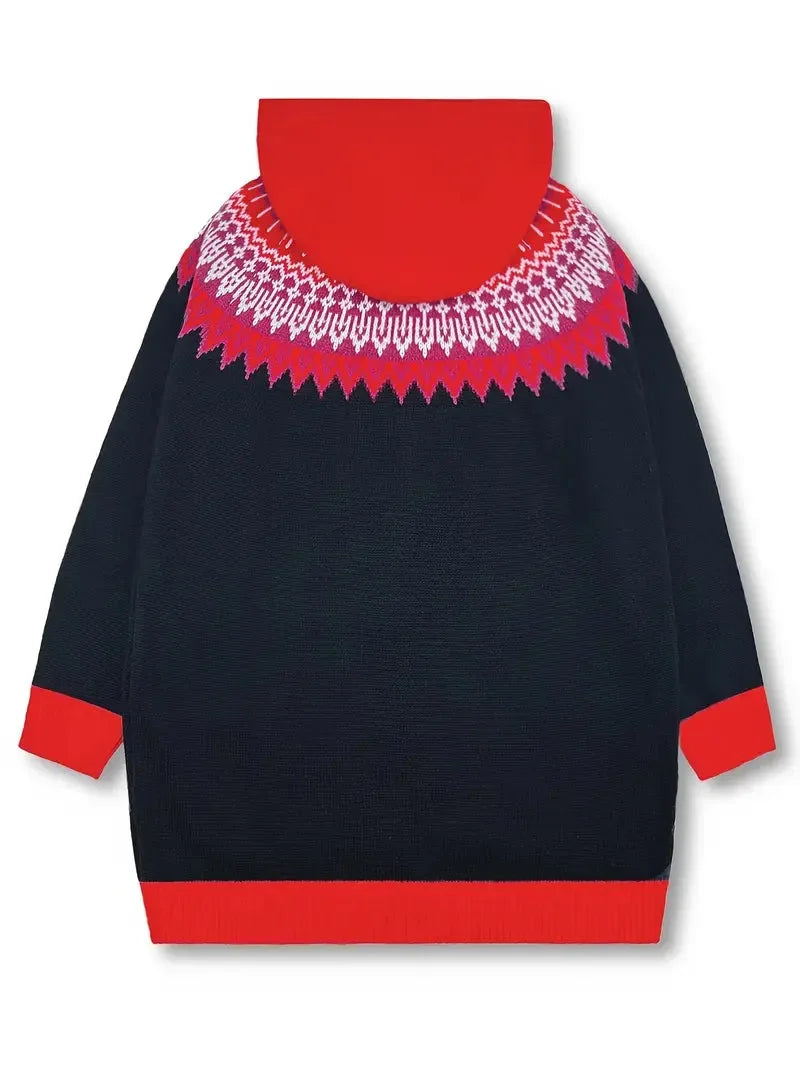 Women's knit hooded mid-length Fair Isle pattern cardigan sweater with button front