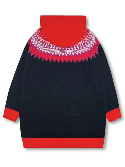Women's knit hooded mid-length Fair Isle pattern cardigan sweater with button front