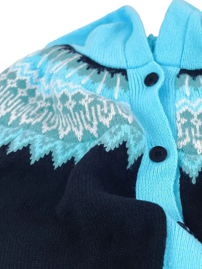 Women's knit hooded mid-length Fair Isle pattern cardigan sweater with button front