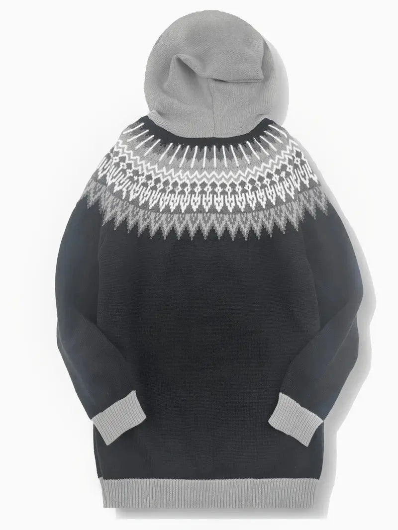 Women's knit hooded mid-length Fair Isle pattern cardigan sweater with button front