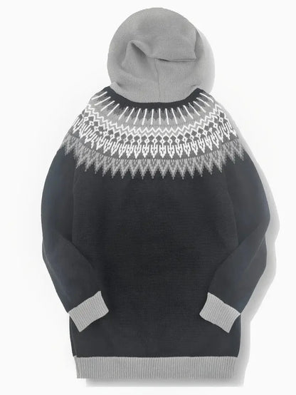 Women's knit hooded mid-length Fair Isle pattern cardigan sweater with button front