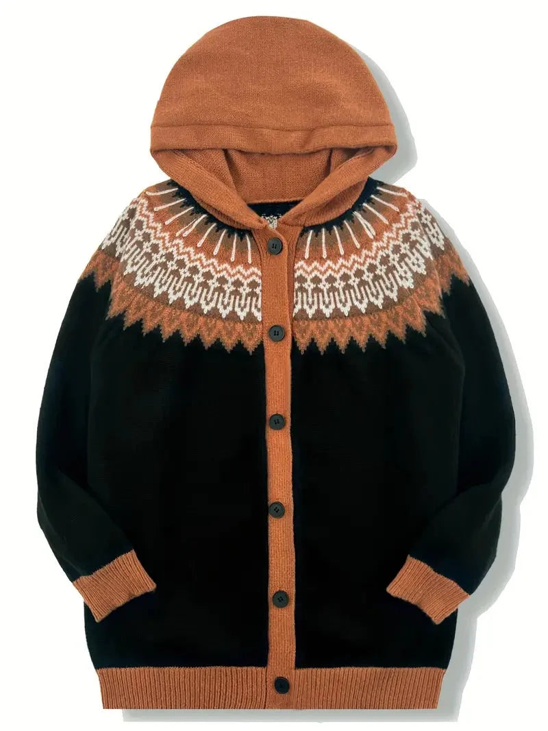 Women's knit hooded mid-length Fair Isle pattern cardigan sweater with button front