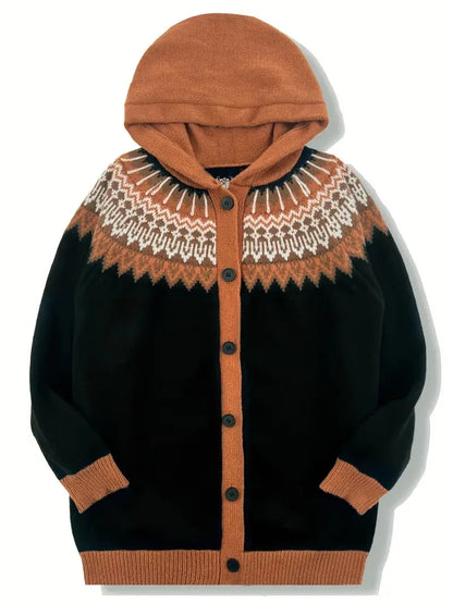 Women's knit hooded mid-length Fair Isle pattern cardigan sweater with button front
