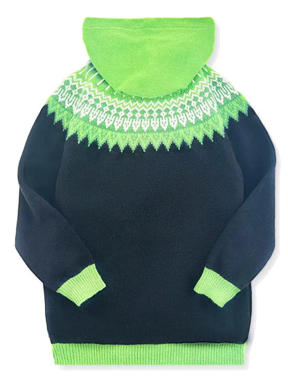 Women's knit hooded mid-length Fair Isle pattern cardigan sweater with button front