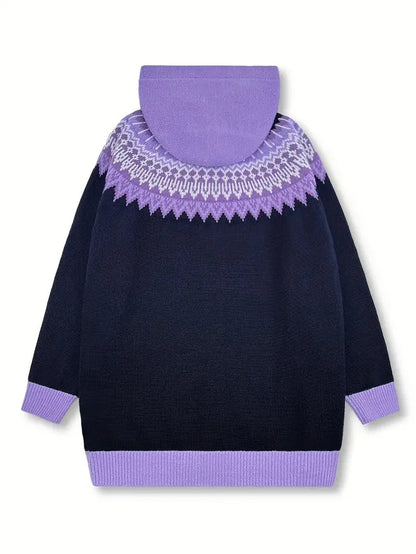 Women's knit hooded mid-length Fair Isle pattern cardigan sweater with button front