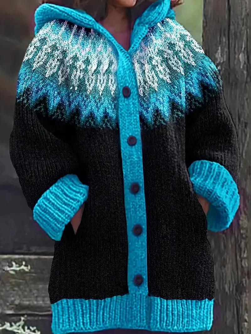 Women's knit hooded mid-length Fair Isle pattern cardigan sweater with button front – Blue